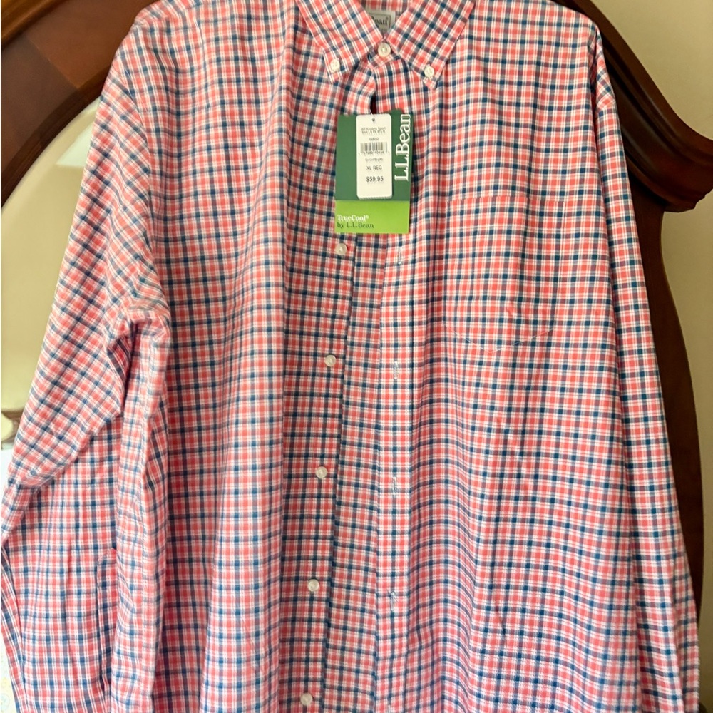 L.L.Bean Men’s Red Blue Plaid Dress Shirt XL Regular NWT